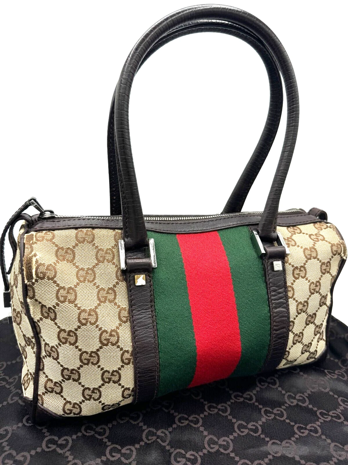 Mini sac Boston GUCCI Sherry Line GG toile cuir beige marron 3045 authentique