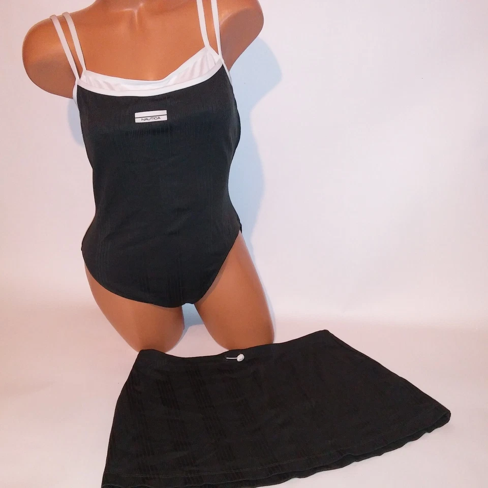 Nautica Swim Set Size 14 One Piece Large Skirt Green White Ribbed Wireless - Image 2 of 4
