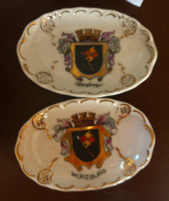 #ad Two Wurzburg Oval Trinket Dishes 3 1 2 x 2 1 3 inches Gold Trim diff marks $26.00