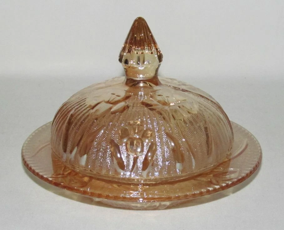 Jeannette Glass IRIS AND HERRINGBONE Marigold Iridescent Butter Dish with Lid