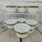 Vtg Pyrex Crazy Daisy Spring Blossom Coffee Mugs Set of 7 Green 10 oz. White/Grn