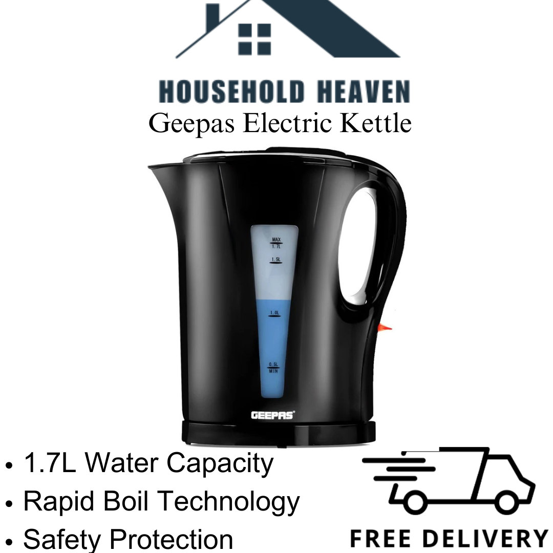 GEEPAS 1.7L Cordless Electric Kettle - 2200W Fast Boil, Illuminating, Black/Silver
