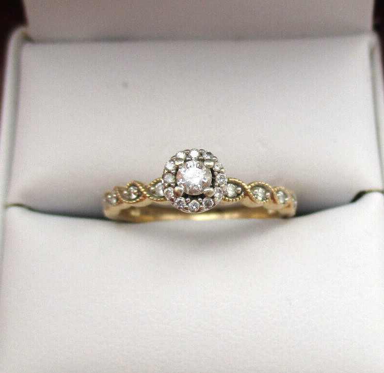 10K Yellow Gold 21 Diamond Halo Engagement Ring Size 7 [R271]