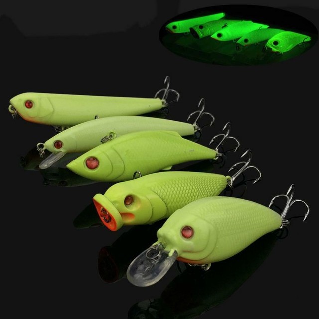 5pcs Night Fishing Lure Bait Kit Glow In Dark VIB Popper Crank Minnow