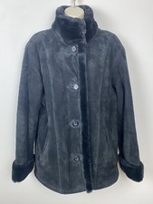 Gallery Ladies Black Leather Suede Overcoat With Faux Fur Trimmings Size M