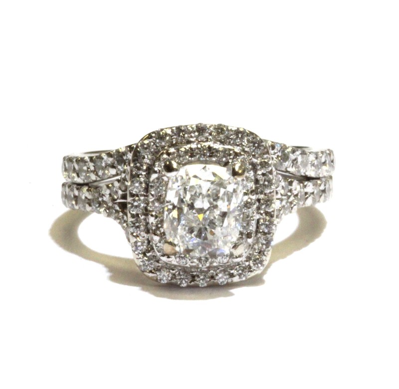 GIA 14k white gold 2.01ct cushion cut diamond engagement wedding band ring 6.2g