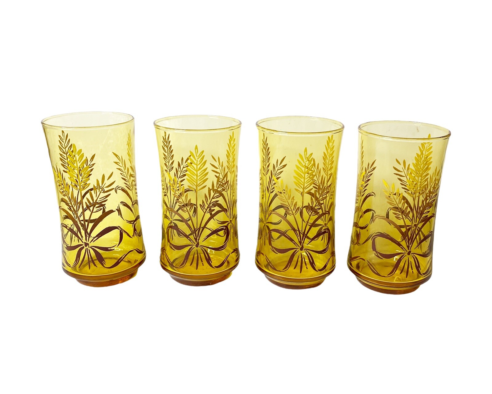 Vintage 4 Amber Libbey Golden Wheat Ribbon Drink Water Glass Tumblers 6.5