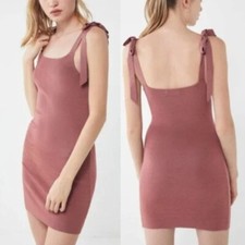 URBAN OUTFITTERS Rose Marie Tie Shoulder Mini Dress Mauve Ribbed Bodycon Small S