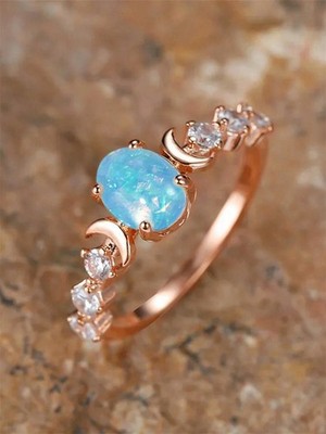 Rose Gold + Blue Opal Moon Crescent Ring With Cubic Zirconia Sizes 5 6 7 8 9 10