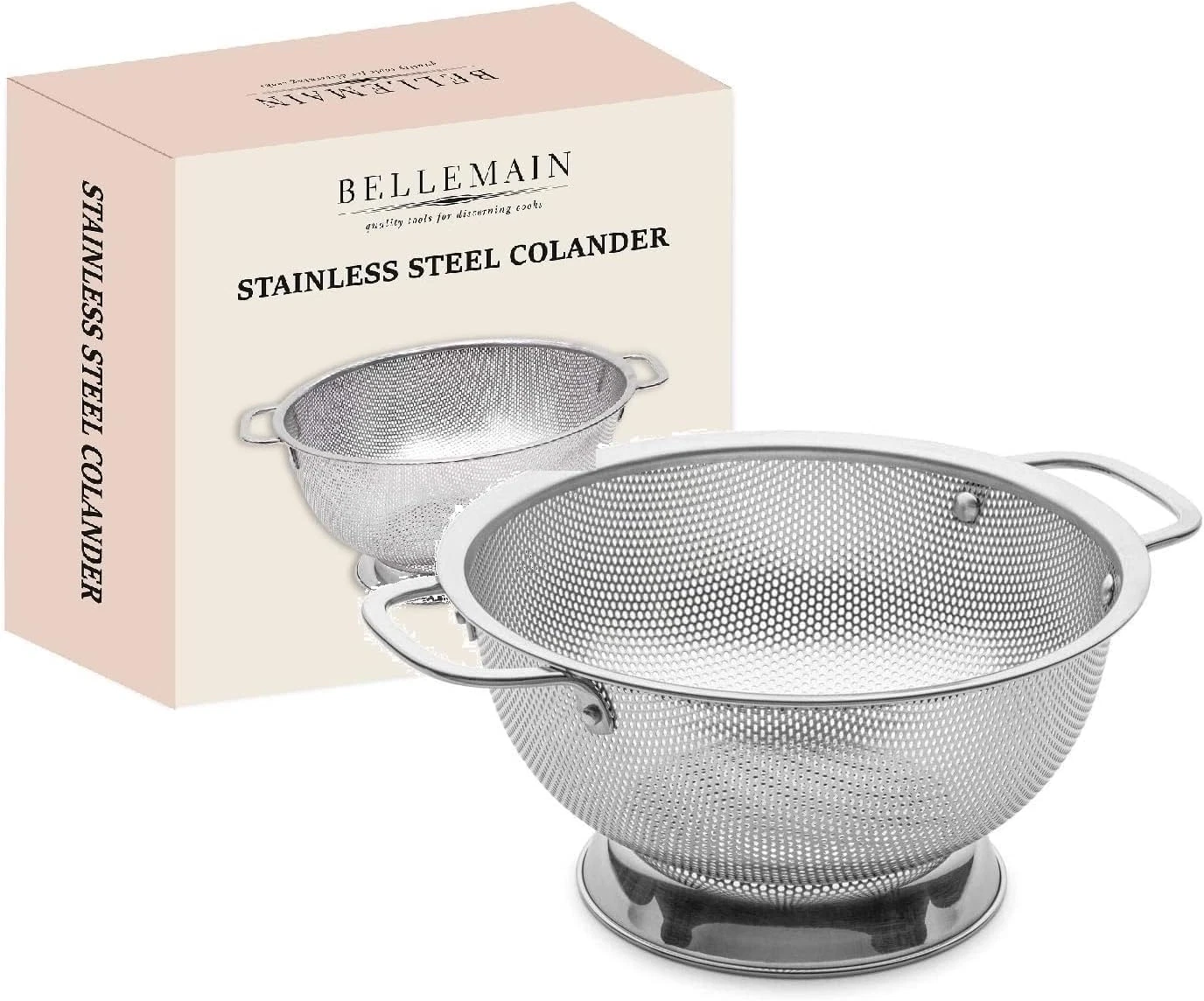 Bellemain 3 Qt Metal Colander with Handle | Pasta, Spaghetti, Berry, Fruit, Vege