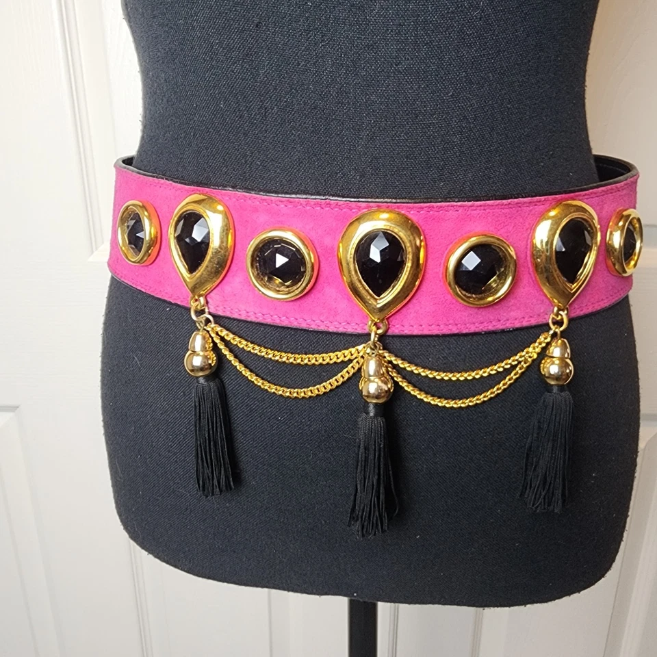 Escada 40 розовый замшевый украшенный драгоценными камнями кисточки золотой цепи ремень винтажный 80-х династии гламур люкс - Изображение 3 из 4