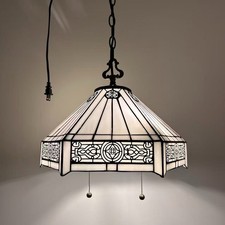 Tiffany Style Hanging Lighting Plug In White Stained Glass Hexagon 75'H16"W16"D