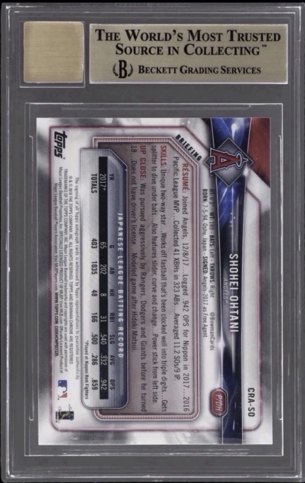 2018 Shohei Ohtani Bowman Chrome Rookie Auto Blue Refractor (#148/ 150) BGS 9.5 view 2