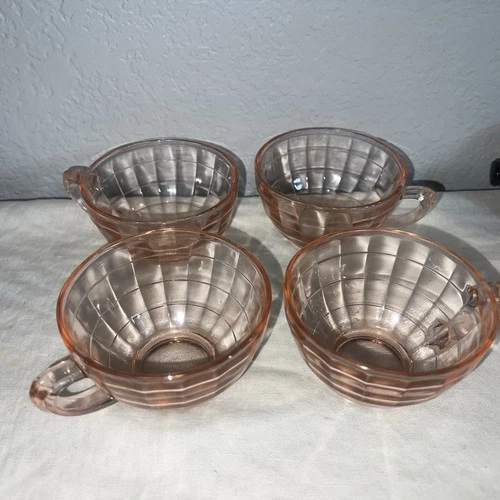 4 Vintage Anchor Hocking Block Optic Pink Depression Glass Coffee Cups