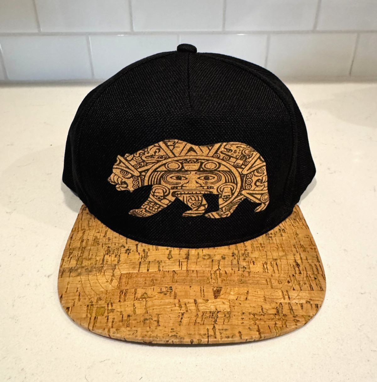 San Diego Cork Hat Co Snapback Aztec Bear Cork Brim Adjustable Black Trucker Cap