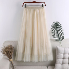 Women Beaded Pleated Mesh Skirt Tulle Elastic High Waist Party Prom Elegant Chic