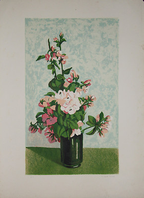 Micheline MEVEL ROUSSEL- Lithographie originale signée-Bouquet de fleurs