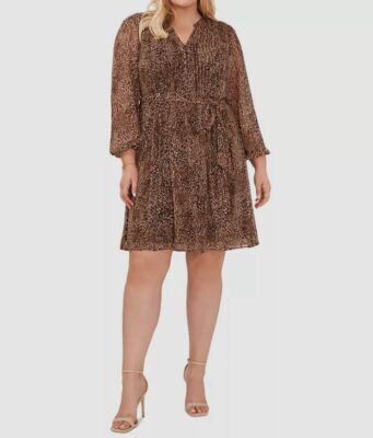 MSK Women's Beige Leopard-Print Pintucked Shirt Dress Plus Size 24W