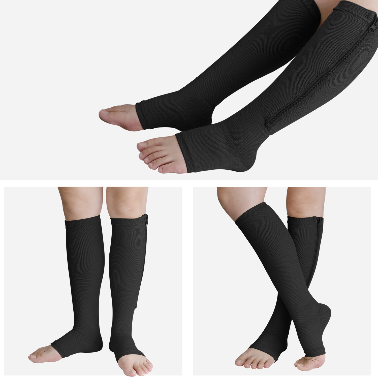 Zipper Open Toe Compression Socks 2030mmHg Calf Leg Ankle Support
