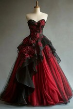 Gothic Dark Red And Black Prom Dress A-Line Vintage Flower Ruffle Vampire Gown
