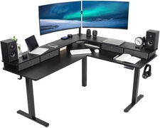VIVO 2-Tier Electric 63" x 55" Corner Desk, Black Table Top, Black Frame