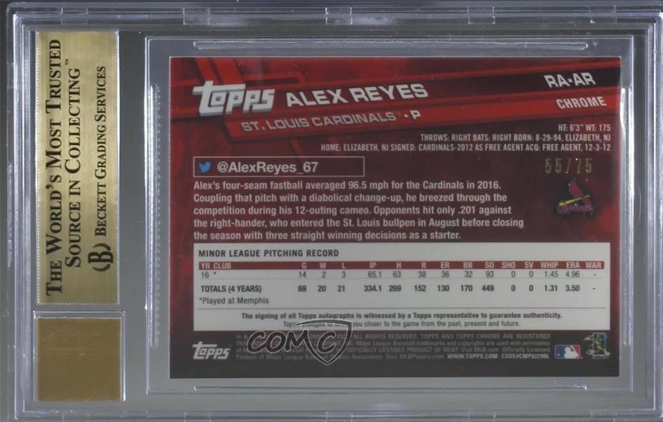 2017 Chrome Rookie Blue Wave Refractor /75 Alex Reyes BGS 9.5 GEM MINT Auto RC - Image 2 of 2