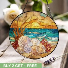 Beach Sunset Stained Glass, Ocean Wave Suncatcher, Seashell Collector Window