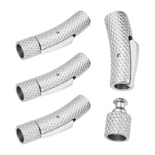 4pcs Column Leather Cord End Caps 5mm Hole Stainless Steel Clasp, Silver Tone