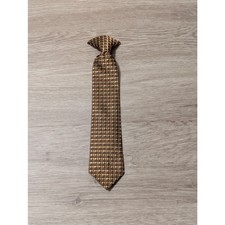 Boys Clip On Tie Brown Copper Checked Geometric Pattern Formal Dress Necktie