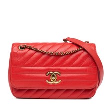 Authenticated Chanel Small Diagonal Quilted Goatskin Flap Red Leather