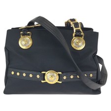 Versace Nylon Leather Shoulder Tote Bag Women Black One Size