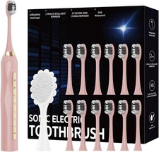 Sonic Electric Toothbrush Set w/ 12 Brush Heads & 1 Face Massage Brush Head