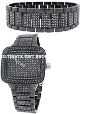 SET OF 2 BLING GUNMETAL,PAVE HEMATITE CRYSTALS,RECTANGLE MEN WATCH,BRACELET-9011
