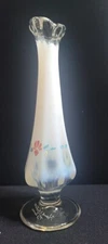 1970s Fenton Fluted Hand Painted Florals White Opalescent Glass Bud Vase •Signed