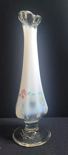 1970s Fenton Fluted Hand Painted Florals White Opalescent Glass Bud Vase •Signed