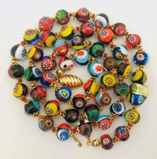 Vintage Italian Millefiori Murano Glass Bead Necklace 24" Hand Knotted NEW w TAG