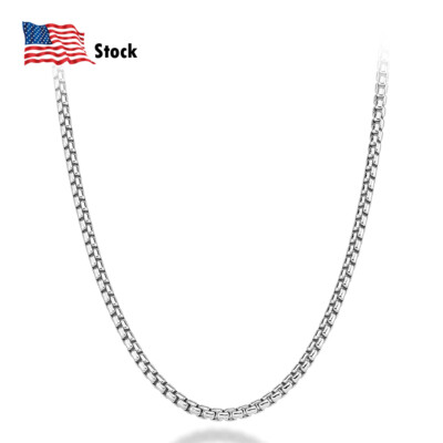 925 Sterling Silver 3mm Round Box Link Chain Necklace 18''-28'' for Women & Men