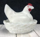 VTG Westmoreland Hen on Nest Salt Cellar Dip Milk Glass Dish 3" Chicken Paint