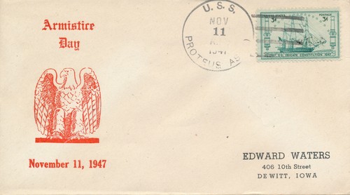 MILITARY MARINE COVER FIRST DAY EVENT - USS PROTEUS 1941 ARMISTICE DAY CACHET - Bild 1 von 2
