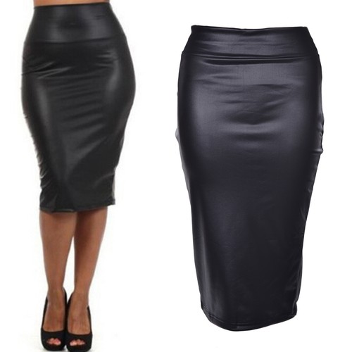 Womens PU Leather Black Solid High Waist Bodycon Long Office Ankle-Length Pencil Skirt