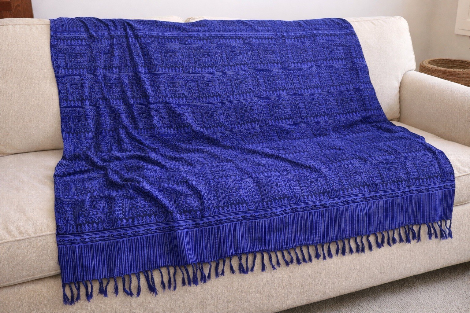 Indigo Blue Patterned Shawl Throw Wrap Ethnic Pri… - image 2