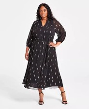 Vince Camuto Plus 3/4-Sleeve Belted Maxi Dress Women's 2X Rich Black Split Neck