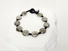 Vintage Leather Hook Bracelet With Organic Silver Plates - Boho Style