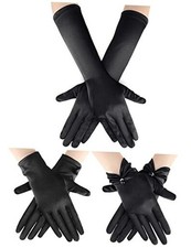 3 Pairs Women's Long Satin Gloves Elbow Length 1920s Opera One Size Black
