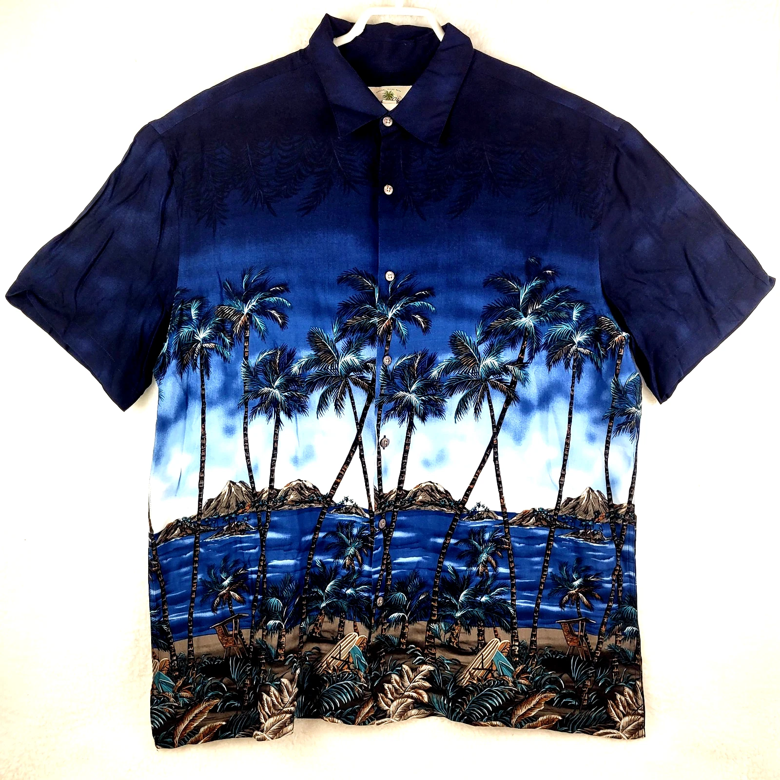 Island Shores Hawai Men Lightwt Shirt Sz XL Short Sleeve Button Front Navy Rayon