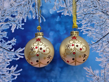 SET 2 NEW Christmas Ball Ornaments Glass Glittered Christmas Trees Gold