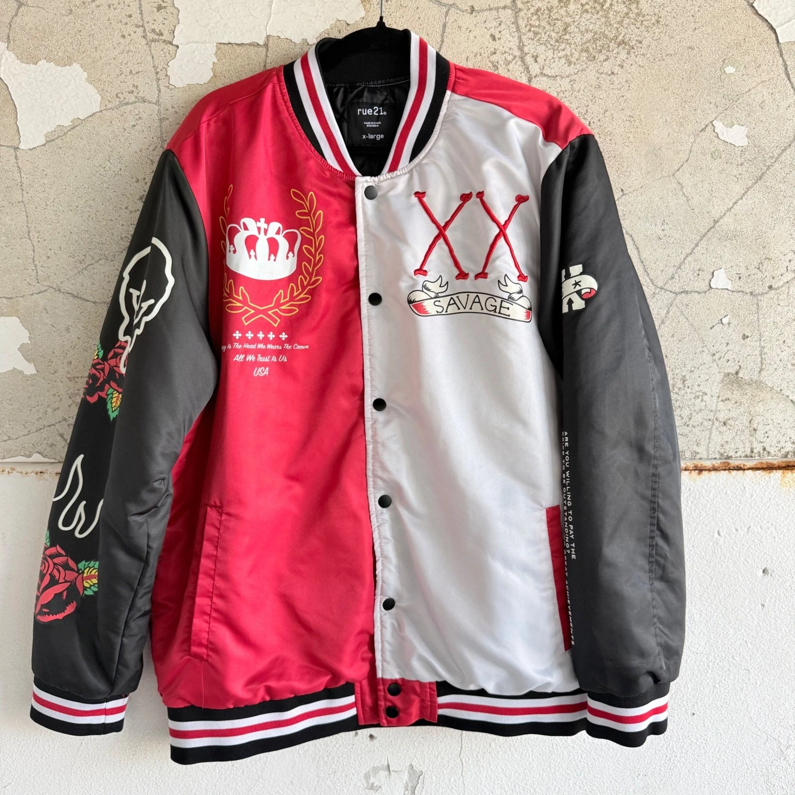 Rue 21 Savage Bomber Jacket Mens XL Satin Streetwear Varsity Graphic Coat Unisex image 1