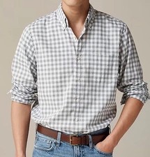 J Crew Secret Wash Slim Fit Cotton Poplin Shirt Gingham Grey Sz M