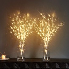 Lighted White Birch Willow Branches with Timer Battery Operated Set of 2, Tre...