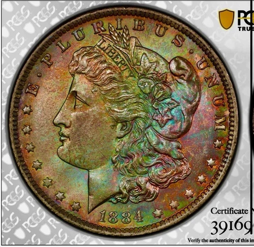 1884-O $1 Morgan Silver Dollar - PQ Neon Rainbow PCGS & CAC MS 65 Roadrunner
